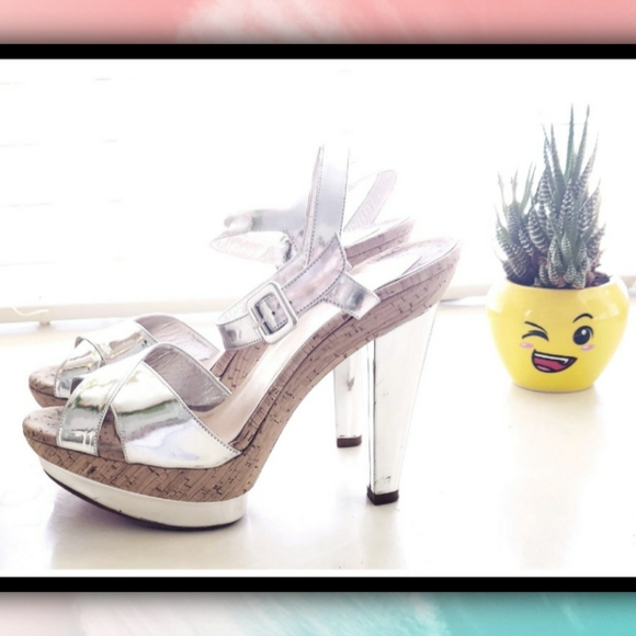 LOUBOUTIN Strappy Silver Cork Heels - Picture 6 of 9